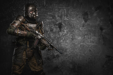 Shot of military man in setting of post apocalypse against dark background.