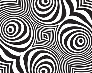 Abstract background with optical illusion wave. Black and white horizontal lines with wavy distortion effect for prints, web pages, template, posters, monochrome backgrounds and pattern