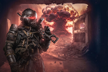 Portrait of survivor in setting of post apocalypse in destroyed city after nuclear war.