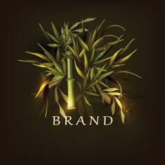 Golden green branch bouquet on a dark background. Arrangement of floral foliage vector illustration. Greenery logo template.