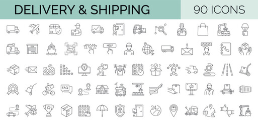 Set of 90 thin line vector icons. Delivery and Logisticks. The set contains icons: E-commerce, Online Shopping, Delivering, Freight Transportation, Shipping, 
