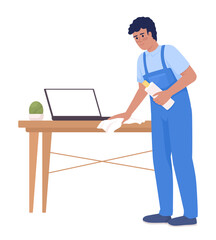 Male housekeeper wiping wood table with laptop semi flat color vector character. Editable figure. Full body person on white. Simple cartoon style illustration for web graphic design and animation