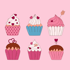 Hand drawn set of cupcakes for Valentine day. Design elements for posters, greeting cards, banners and invitations.