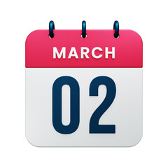 March Realistic Calendar Icon 3D Illustration Date March 02