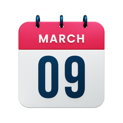 March Realistic Calendar Icon 3D Illustration Date March 09