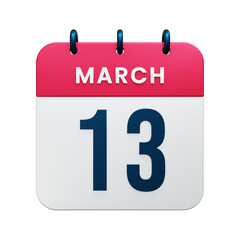 March Realistic Calendar Icon 3D Illustration Date March 13
