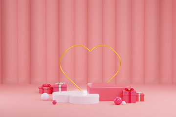 Happy Valentine's Day holiday banner. Greeting background with abstract 3d composition for Valentine's Day. gift box a podium with golden heart. 3D rendering
