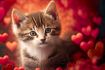 Cute kitten surrounded by red hearts made by generative ai