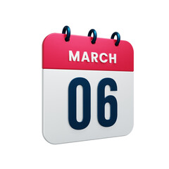 March Realistic Calendar Icon 3D Illustration Date March 06