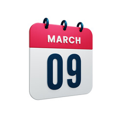 March Realistic Calendar Icon 3D Illustration Date March 09