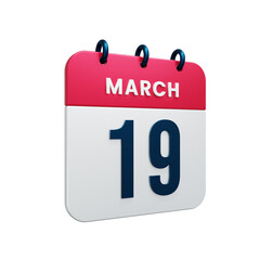 March Realistic Calendar Icon 3D Illustration Date March 19