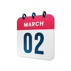 March Realistic Calendar Icon 3D Illustration Date March 02
