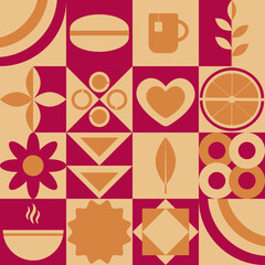 Background of icons in a flat geometric BAUHAS style. Abstract signs. Tea, a cup of tea, lemon, sun. Tea time. Vector illustration.