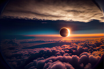 Annular solar eclipse over the sea of clouds photographed from the plane