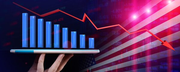 Falling stock chart emerges from a tablet that a man holds with falling arrow against the backdrop of the US flag