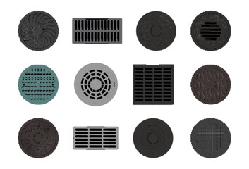 Sewer manholes and plumes set vector flat illustration. Industrial metal urban sewage - obrazy, fototapety, plakaty