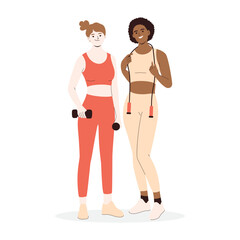 Diverse women holding fitness equipment, cartoon character