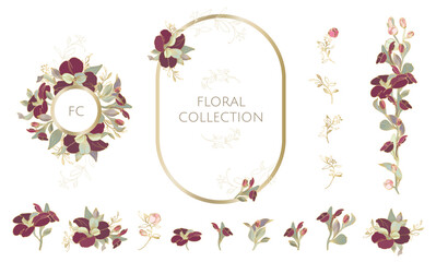 Floral decor collection. Oval frame, monogram frame and flower border.