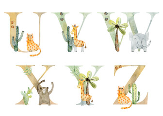Watercolor safari animals letters for invitation card, nursery poster and other. - obrazy, fototapety, plakaty