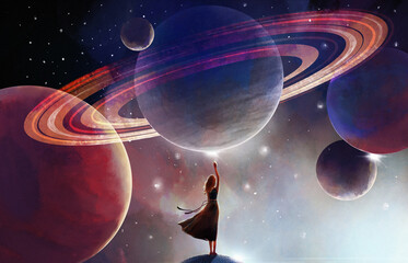 Space background for astrology, a woman touches the planet. Futuristic mystical background, subconscious depth concept, modern illustration. Girl and space. © Salomi art