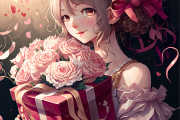 Lovely anime girl carrying flowers and present box made by generative ai