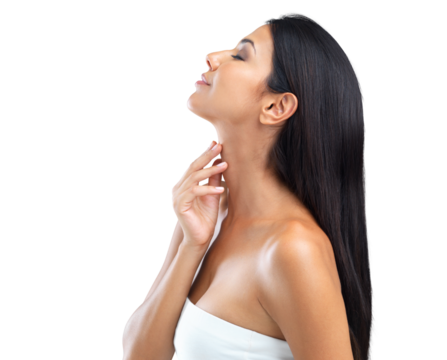 Side view of a beautiful young woman with healthy hair isolated on a PNG background.