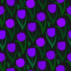 Seamless pattern designed with purple tulip flowers painted in watercolor. 
isolate from the background
