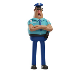  3D illustration. 3D Cartoon Illustration of a Humble Police Officer crossing his arms. showing an angry expression. wearing a cute tie. 3D Cartoon Character