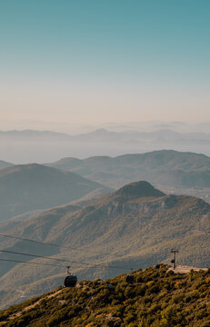 Vertical aerial view of the stunning landscapes of Oludeniz, Turkey with cable cars