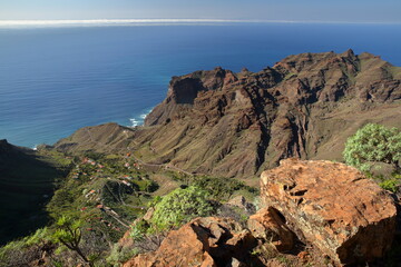 View towards the valley of Taguluche in La Gomera, Canary Islands, Spain, in the West of the Island, with plunging cliffs. Picture taken from a hiking trail near Arure leading to Alojera 