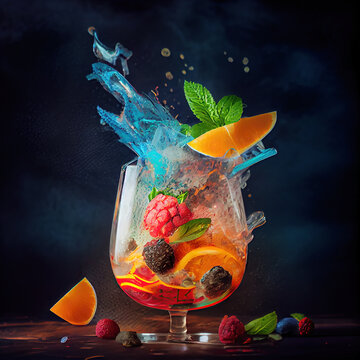 Fantastic food photography of colorful cocktail in the bar with splashes and explosion of taste advertisement background concept made with Generative AI