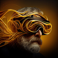 An old man in VR glasses traveling inside fantastic virtual computer world. Female and future technology background and modern imaging technology concept made with Generative AI