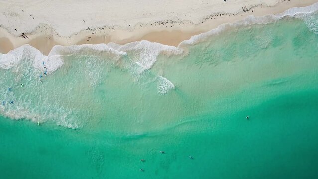 Top down view of waves crashing on Trigg Beach in Perth, Western Australia