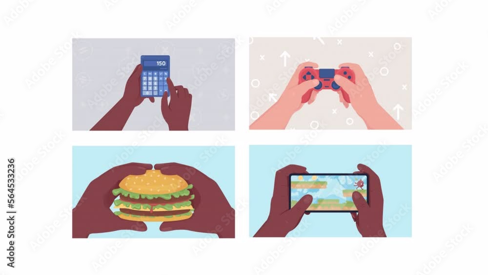 Poster animated everyday activities set. eating fast food. playing games. leisure time. using calculator. c