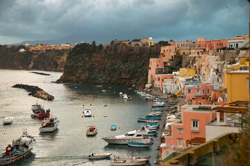 Fototapeta na wymiar Beautiful fishing village, Marina Corricella on Procida Island, Bay of Naples, Italy.