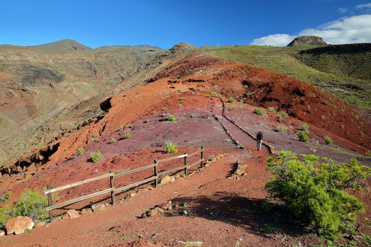 Colorful landscape viewed from a hiking trail (Sendera Quise) starting from the hamlet Quise (near Alajero) towards Playa La Cantera in the South of the island La Gomera, Canary Islands, Spain