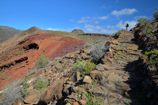 Colorful landscape viewed from a hiking trail (Sendera Quise) starting from the hamlet Quise (near Alajero) towards Playa La Cantera in the South of the island La Gomera, Canary Islands, Spain