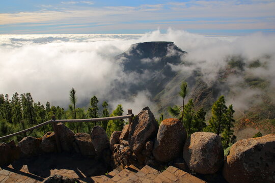 Cloudy scenery with a view from the Mirador (viewpoint) de Igualero over Fortaleza mountain and Barranco de Ergue in the South of the island La Gomera, Canary Islands, Spain