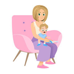 Vector Illustration mother sitting and holding little babyMother reads to child. family time.