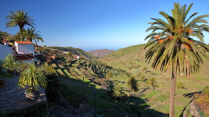 The traditional mountain village Chipude, La Gomera, Canary Islands, Spain, with traditional houses and terraced fields