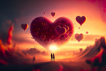 Couple by sunset with giant heart ballons made by generative ai