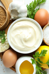 Concept of sauce, mayonnaise sauce, top view