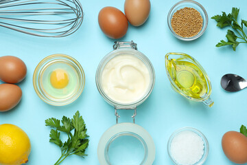 Concept of sauce, mayonnaise sauce, top view
