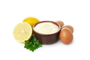 Concept of egg sauce, mayonnaise sauce, isolated on white background