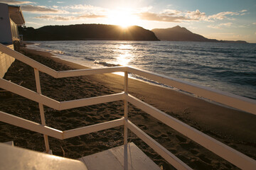 White wooden steps to the beach, Procida, Italy
