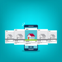 House for rent. Smartphone app with house icons, house for rent or sale ,house selection concept.