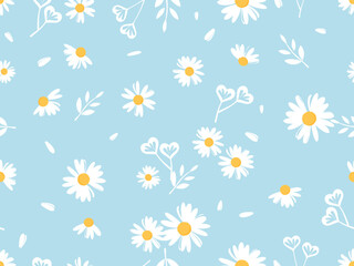 Seamless pattern with daisy flower, branches and heart shaped leaves on blue background vector illustration.