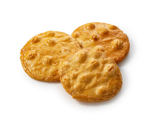 Sembei rice crackers placed on a white background.