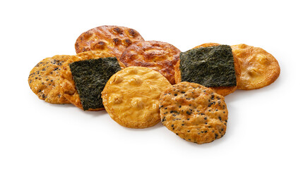 Sembei rice crackers placed on a white background.