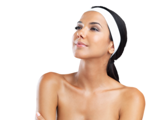 A beautiful young woman wearing a headband isolated on a PNG background.